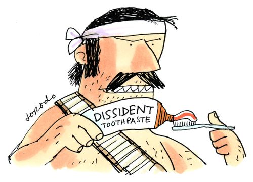 Rebel fighter using dissident toothpaste.