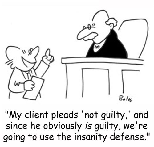 'My client pleads 'not guilty,' and since he obviously IS guilty, we're going to use the insanity defense.'