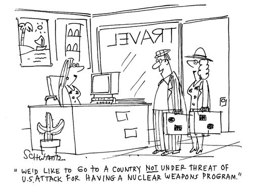'We'd like to go to a country not under threat of US attack for having a nuclear weapons program.'
