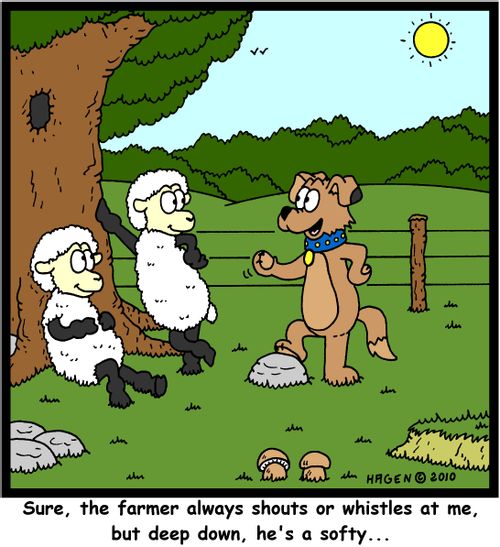 'Sure, the farmer always shouts or whistles at me, but deep down, he's a softy...'