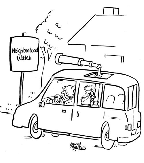 Kid looking through periscope near 'Neighborhood Watch' sign.