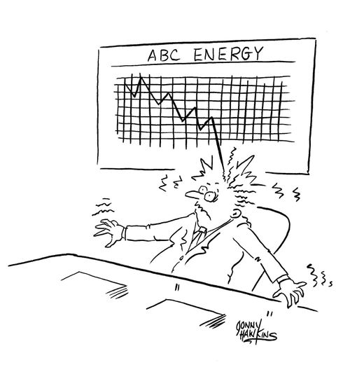 Graph line of energy company drops so low it strikes owner in head like lightning.