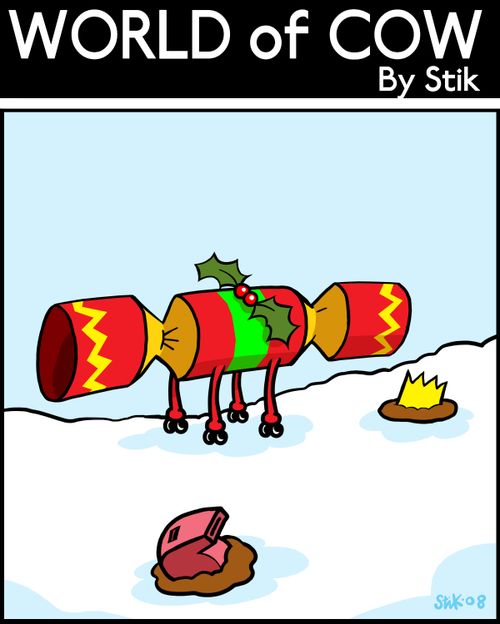 Xmas Cracker Cow with strange gift cow pats.