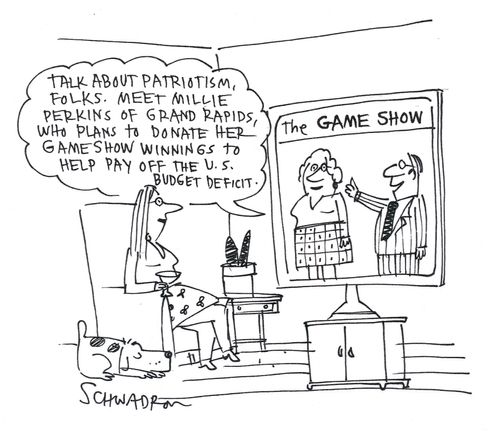 'Talk about patriotism, folks. Meet Millie Perkins of grand rapids, who plans to donate her game show winnings to help pay off the U.S. budget deficit.'