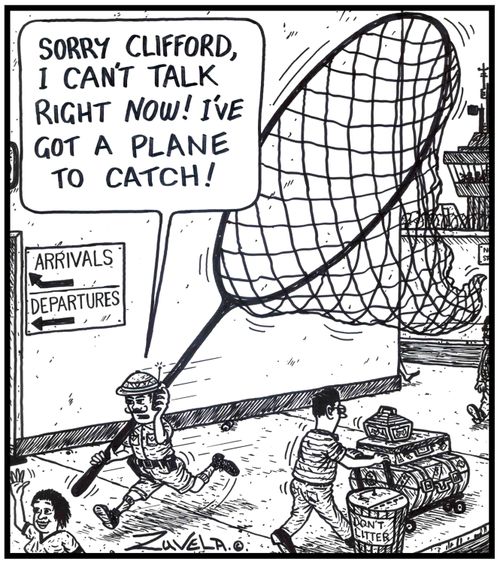 'Sorry Clifford, i can't talk right now! I've got a plane to catch!' A hunter trying to physically catch a plane with a big net.