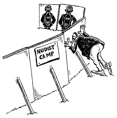 Man teased into putting his head through a hole into a firing range by sign 'Nudist camp'