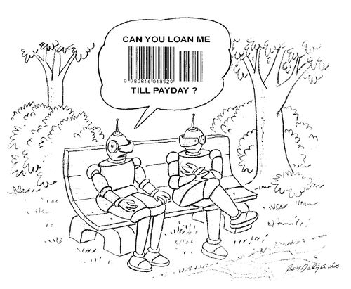 Robot asking for money in bar code language.