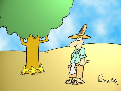Birds protecting a tree from a lumberjack.