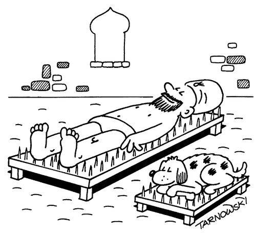 Fakir's dog sleeping on a bed of nails.