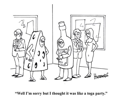Couple dressed as cheese and wine. 'Well I'm sorry but I thought it was like a toga party.'