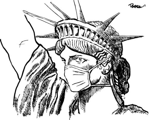 Statue of liberty cautious of catching any illness.