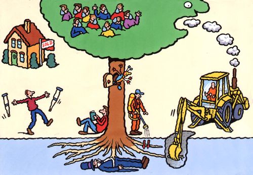 Tree with bulldozer, people in dust masks, dead man, and bug.