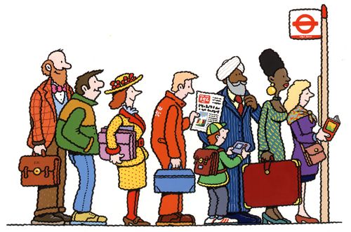 A variety of people standing in a bus queue.