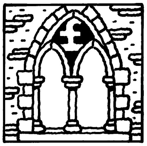 Pound sign in a stained glass window of a church.