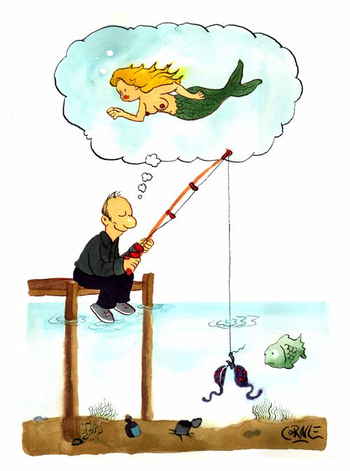 Man fishing for a mermaid with a bra