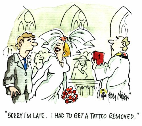 "Sorry I'm late. I had to get a tattoo removed"