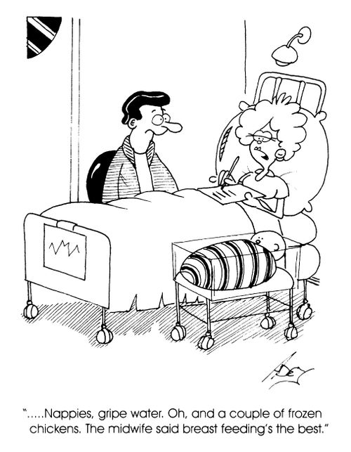 "�nappies, gripe water. Oh, and a couple of frozen chickens. The midwife said breast feeding's the best"