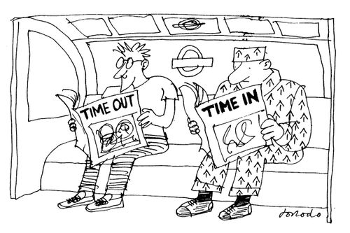 On the tube man reading 'Time out' prisoner reading 'Time in'