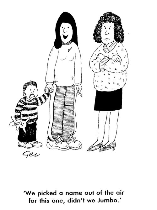 Women and child, "We picked a name out of the air for this one didn't we Jumbo?"