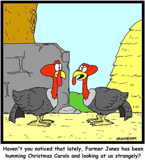 'Haven't you noticed that lately, Farmer Jones has been humming Christmas Carols and looking at us strangely?'