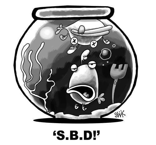 2 fish, one dead. The living fish saying'S.B.D!' (silent but deadly)