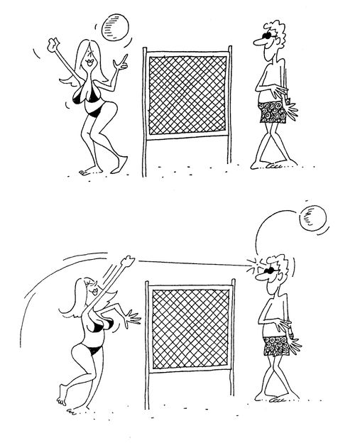Playing volleyball - man is oblivious of the ball!