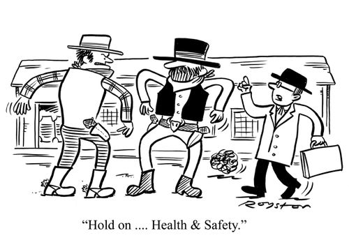 Cowboys about to have gunfight are interrupted by bureaucrat: 'Hold on ... Health & Safety.'