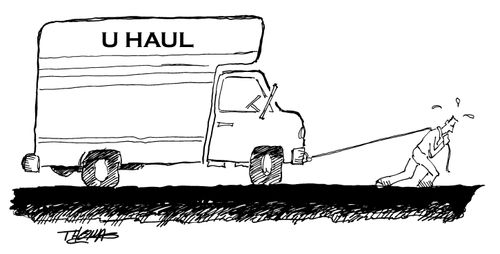 Man pulling UHAUL truck himself.