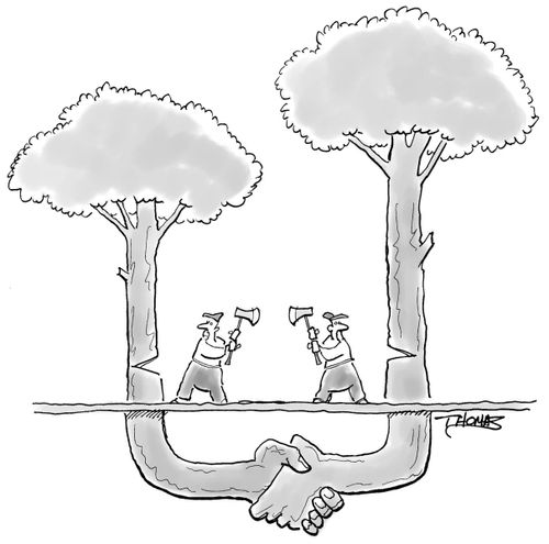 Men chopping down trees. Underground, tree roots hold hands for support.