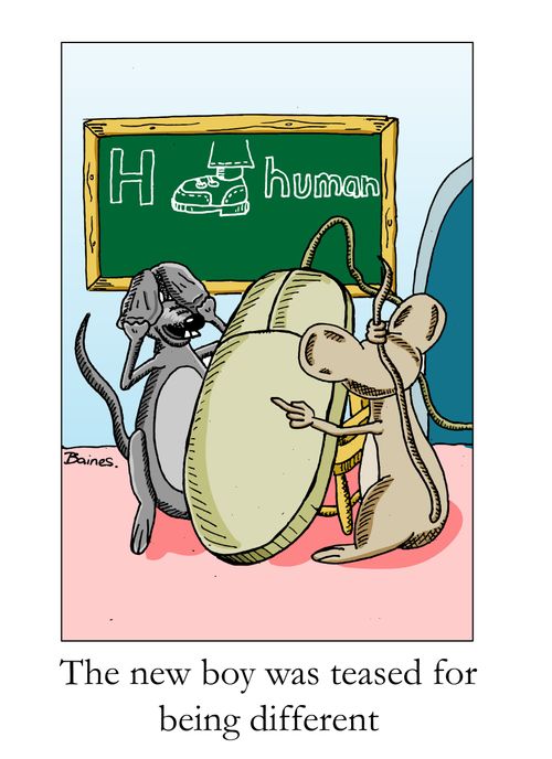 Two mice teasing a computer mouse for being different.
