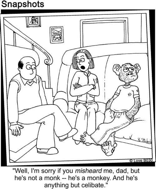 "Well, I'm sorry if you misheard me, dad, but he's not a monk -- he's a monkey. an he's anything but celibate."