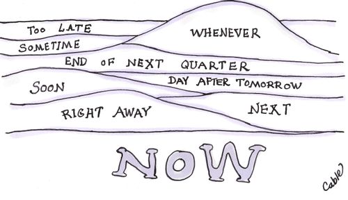 Mountain view with labels ranging from now to next to sometime to whenever.