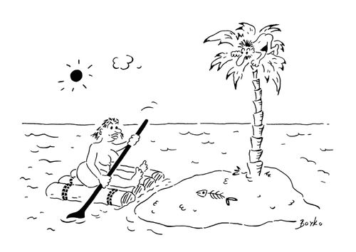 Castaway is climbing on a palm tree to hide from a big woman.