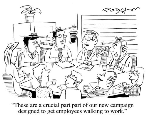 Employees have 'carrot and stick' set-up with coffee, biscuits and pastries. Chairman says: 'These are a crucial part of our new campaign to get employees walking to work.'