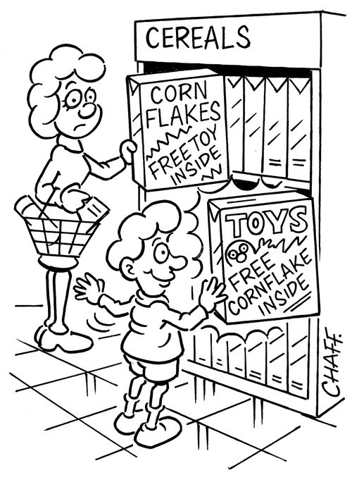 'Mother and child buying cereal.'