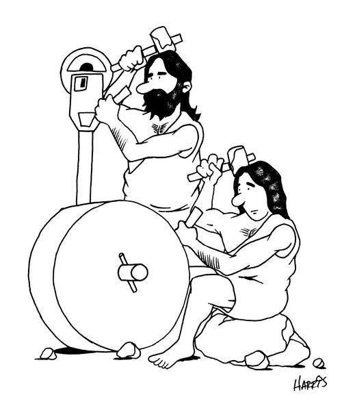 Cavemen carving first wheel and first parking meter