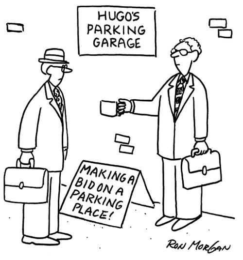 Hugo's Parking Garage - Making a bid on a parking place!