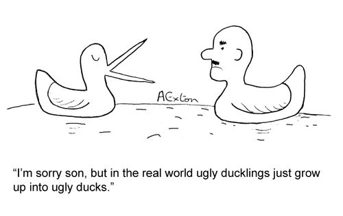 'I'm sorry son, but in the real world ugly ducklings just grow up into ugly ducks'