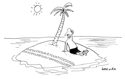 Shipwrecked man on desert island with tyre tracks on sand.