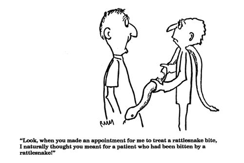 'Look, when you made an appointment for me to treat a rattlesnake bite,...