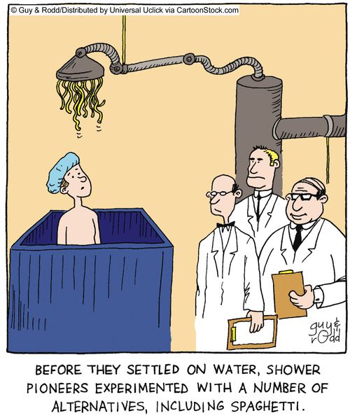 Before they settled on water, shower pioneers experimented with a number of alternatives, including spaghetti,