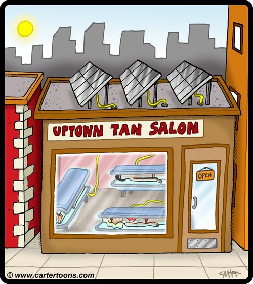 Tan salon customers get tan bed power from solar panels.