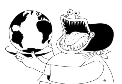 The world being eaten by a greedy purse.