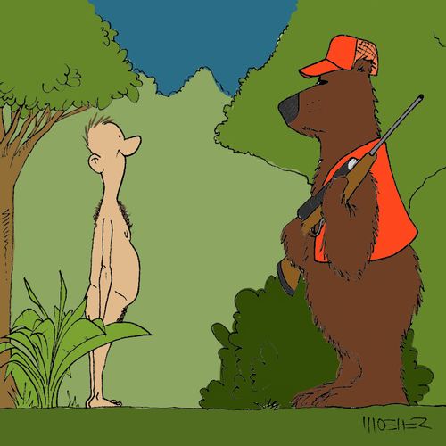 Naked man meets bear hunter in the woods.