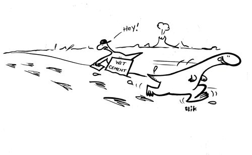 Dinosaur laying cement, whilst other dinosaur runs through it.
