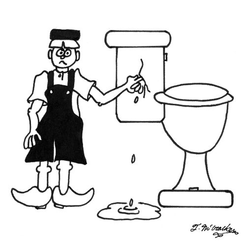 The little Dutch Boy hold his finger in the crack in a toilet.