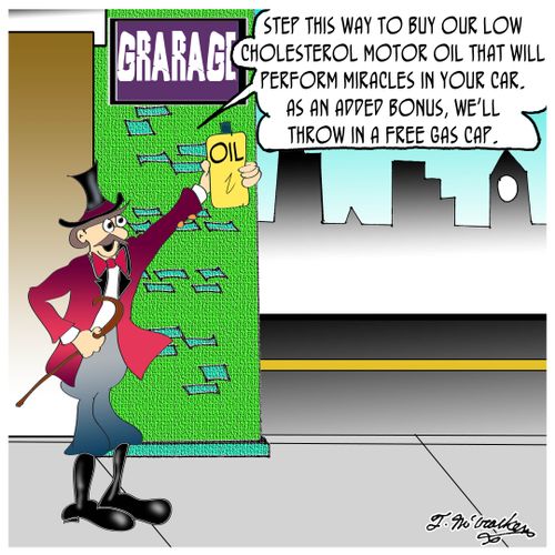 'Step this way to buy our low cholesterol motor oil that will perform miracles in your car. As an added bonus, we'll throw in a free gas cap.' Act now.' 'Local garage owners questioned corporate's new marketing strategy.'