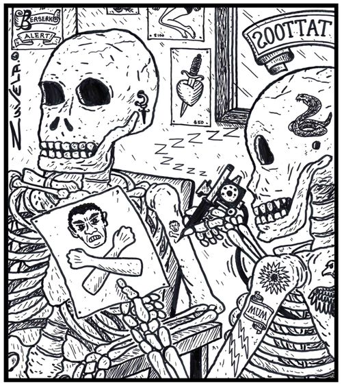 A skeleton in a Tattoo parlor getting the skeleton's version of the Skull and crossbones