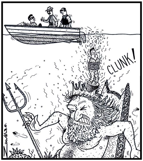 King Neptune getting smashed on the head by a Mafia victim with concrete shoes.