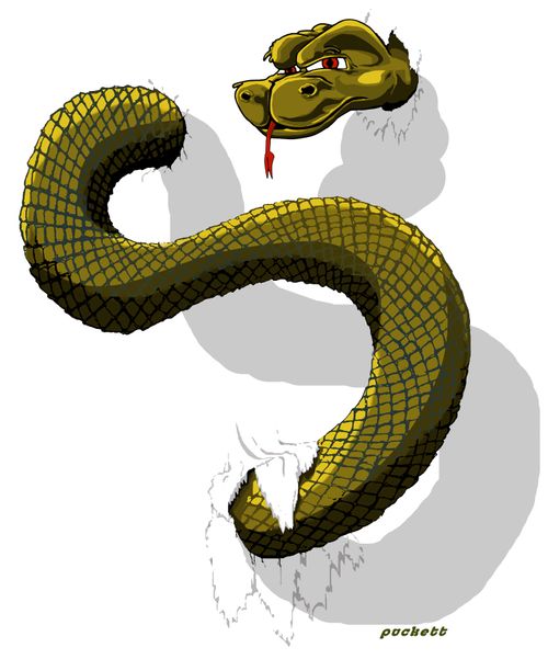 A serpent is entering and exiting cloth in an interesting fashion.
